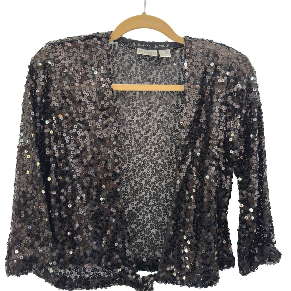 Chico's Sequin Bolero Jacket Black Nylon Mesh Tie‎ Front Evening Shrug Size 0